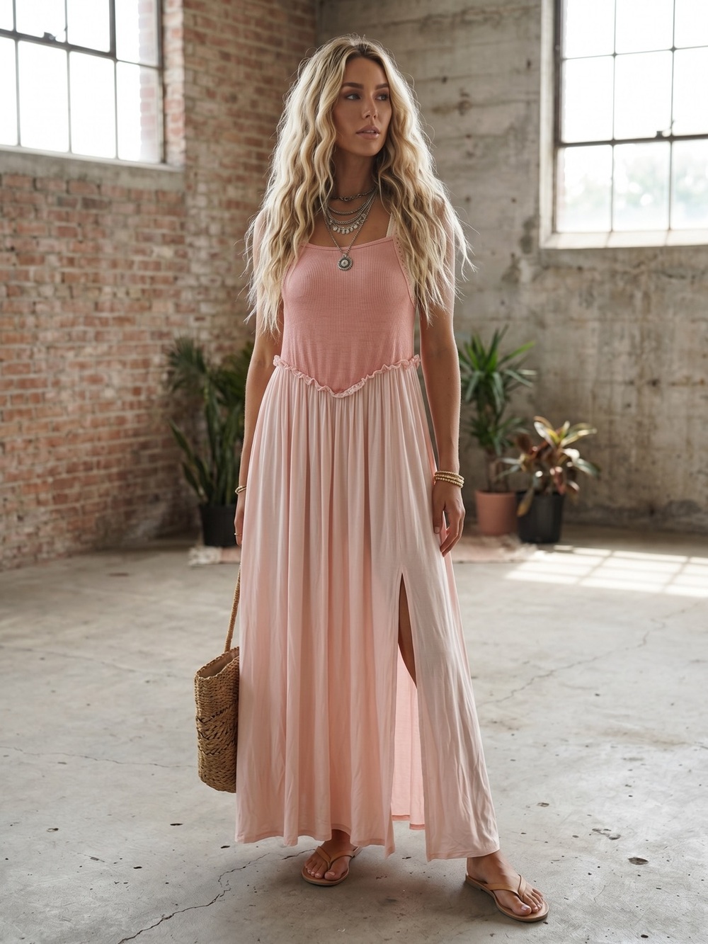 NWT POL Slit Crochet Strap Sleeveless Blush Maxi Dress